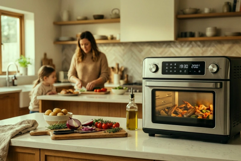 Air fryer forno 25 litros vale a pena para preparar refeições completas com praticidade. Mulher na cozinha