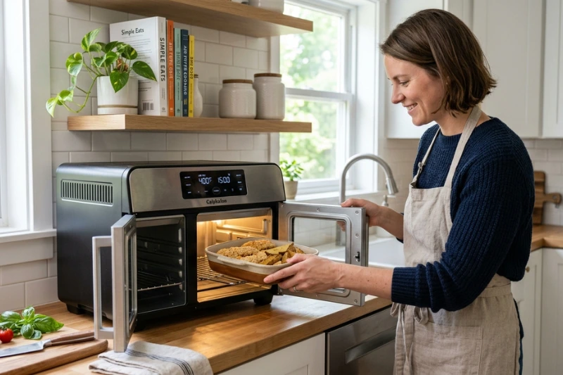 Mulher retirando alimento crocante da air fryer forno com resultado perfeito