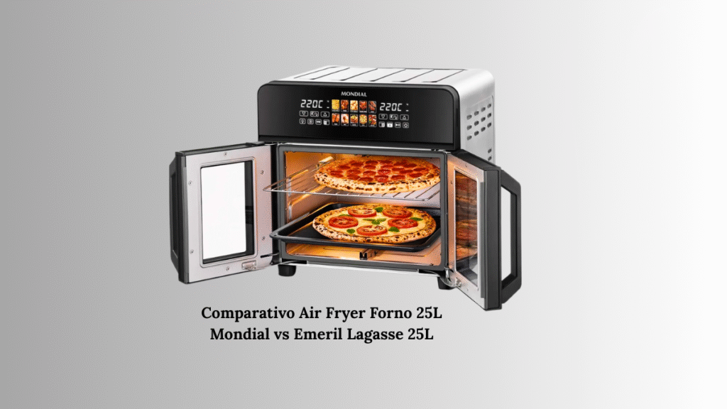 Air Fryer Forno 25L Mondial com portas duplas abertas, exibindo o interior com alimentos em preparo