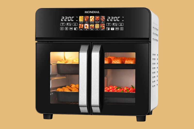 Air Fryer Forno 25L Mondial com painel digital, portas duplas e compartimentos internos para preparo de diferentes alimentos