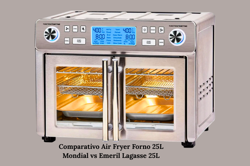 Air Fryer Forno 25L Emeril Lagasse em aço inox com painel digital, portas duplas e iluminação interna.Comparativo Air Fryer Forno 25L
Mondial vs Emeril Lagasse 25L
