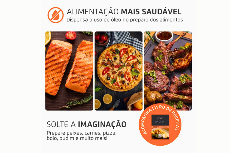 Alimentos preparados na Air Fryer Forno 25L Mondial, com peixes, pizza e carnes grelhadas sem uso de óleo