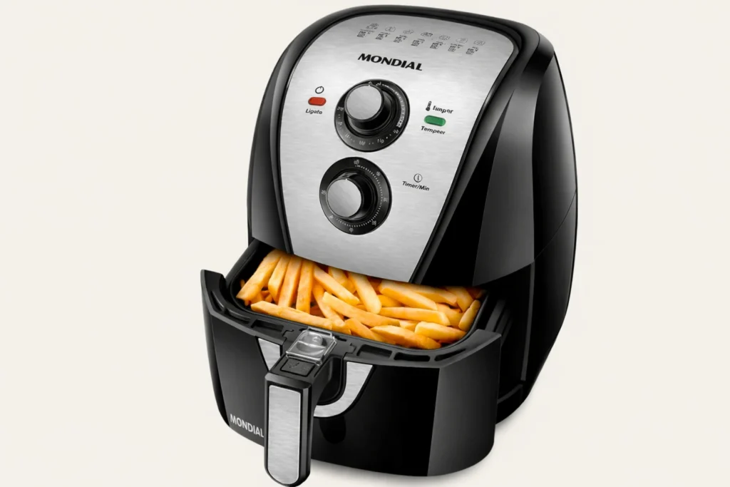 Air Fryer Mondial com batatas fritas douradas, destacando um eletrodoméstico eficiente que prepara alimentos crocantes com rapidez e sem óleo.