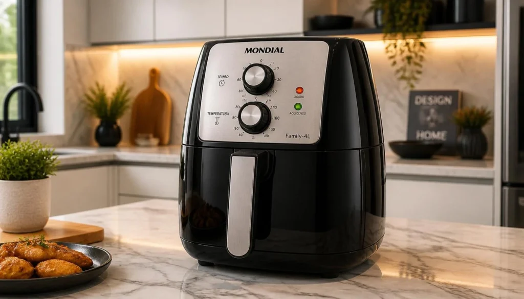 
Air Fryer Mondial preta e prateada sobre uma bancada de mármore, representando um eletrodoméstico eficiente com controles simples de tempo e temperatura para preparar alimentos de forma prática e saudável.