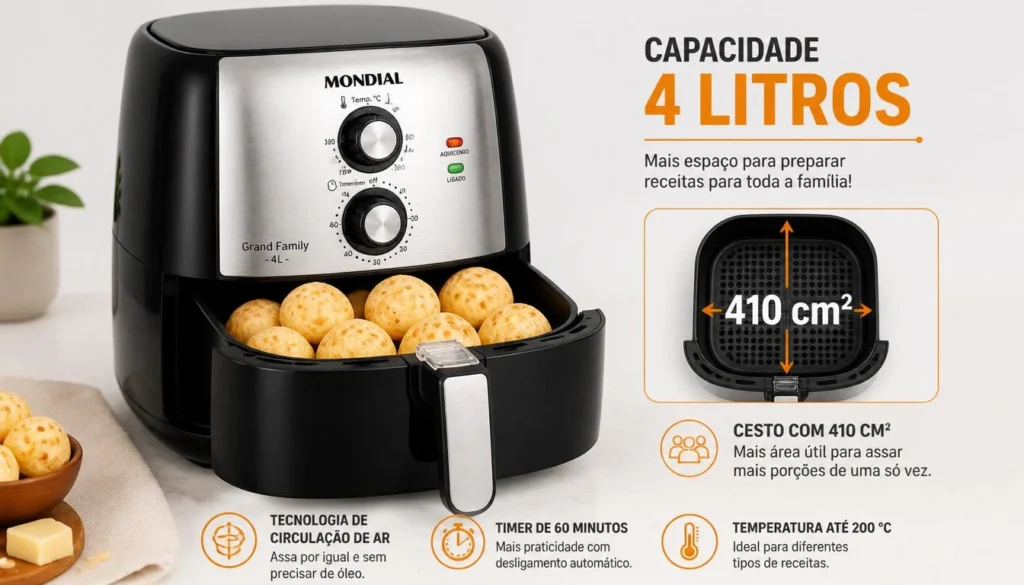 Air Fryer Mondial com pão de queijo dourado, destacando um eletrodoméstico eficiente que prepara alimentos de forma prática e saborosa, com capacidade de 4 litros.