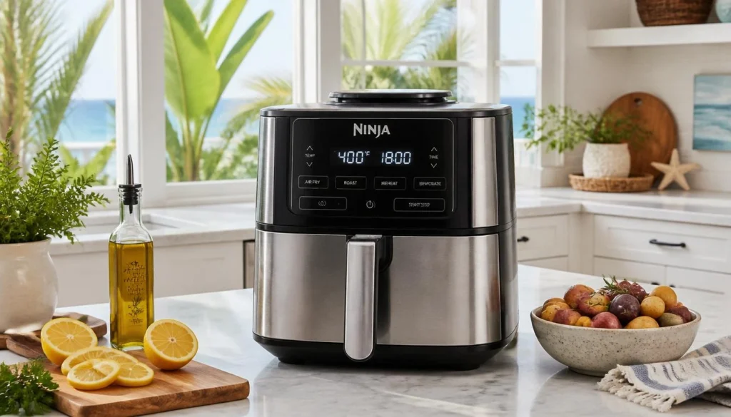 Air Fryer Ninja em uma cozinha de praia moderna e iluminada, representando um eletrodoméstico eficiente que combina tecnologia e praticidade para preparar refeições leves e saudáveis.