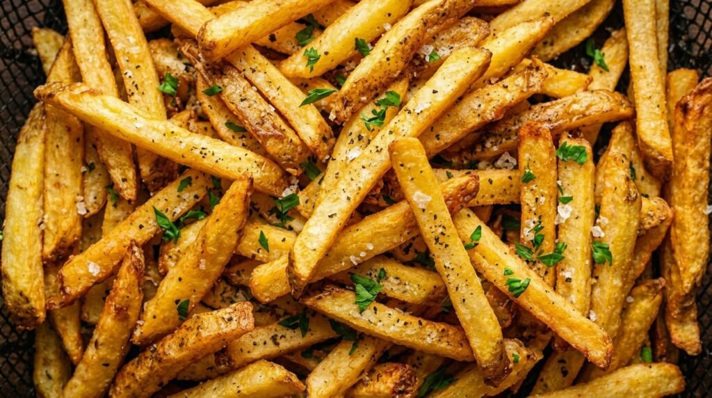 Batatas fritas douradas e crocantes com sal e ervas picadas, preparadas na Air Fryer Mondial.
