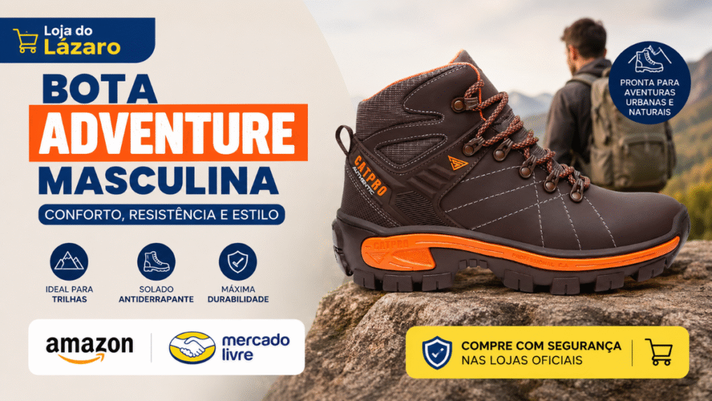 Bota Adventure Masculina marrom com detalhes em laranja, solado antiderrapante e design resistente para trilhas, caminhadas e uso diário.