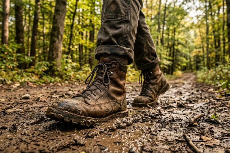 Bota adventure masculina em couro com solado tratorado em trilha de floresta com raízes e pedras