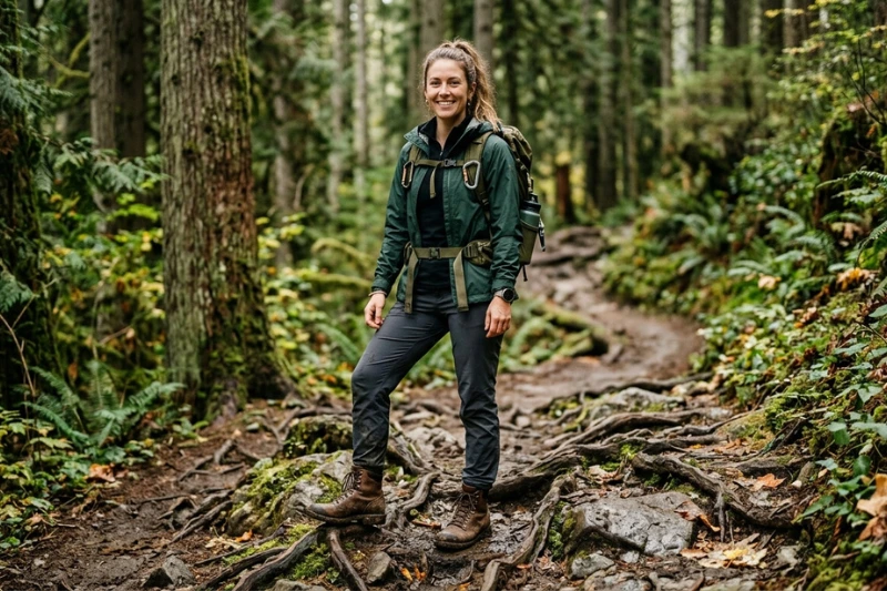 Mulher equipada com botas de couro caminhando em trilha de floresta densa com vegetação verde