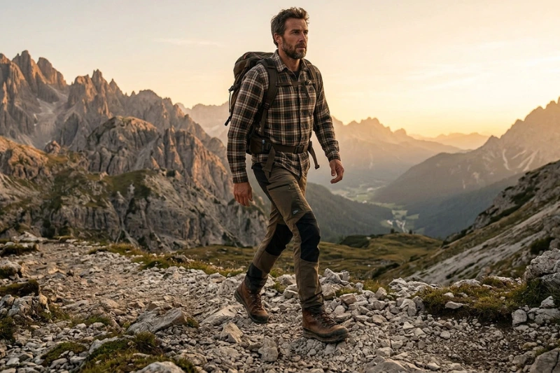 Homem usando bota adventure masculina em trilha de montanha com paisagem dramática ao pôr do sol