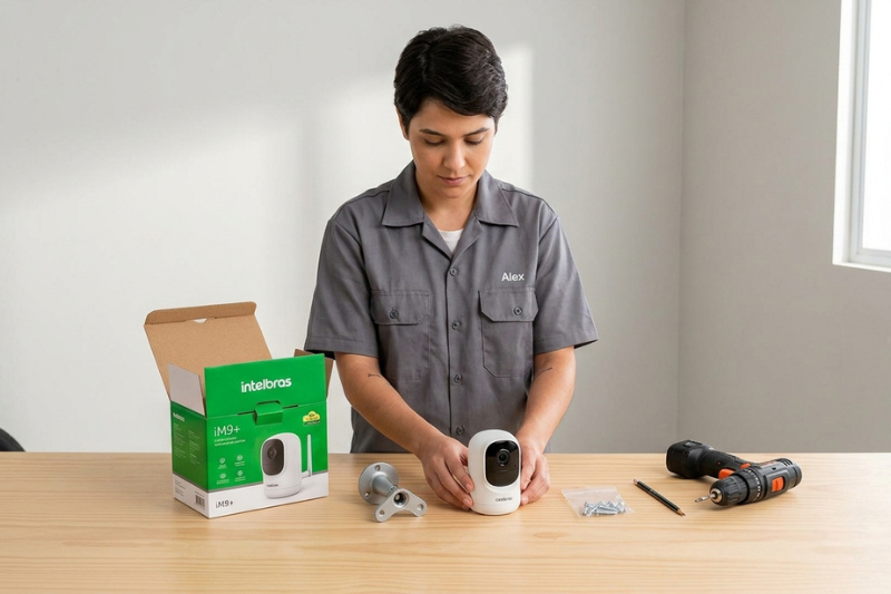 Pessoa acessando a Câmera 360° Intelbras iM9+ pelo celular com o aplicativo Intelbras iSIC 6