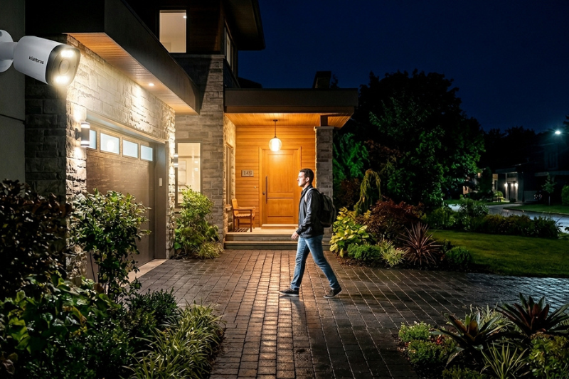 Câmera 360° Intelbras iM9+ instalada na parede externa de uma casa moderna à noite