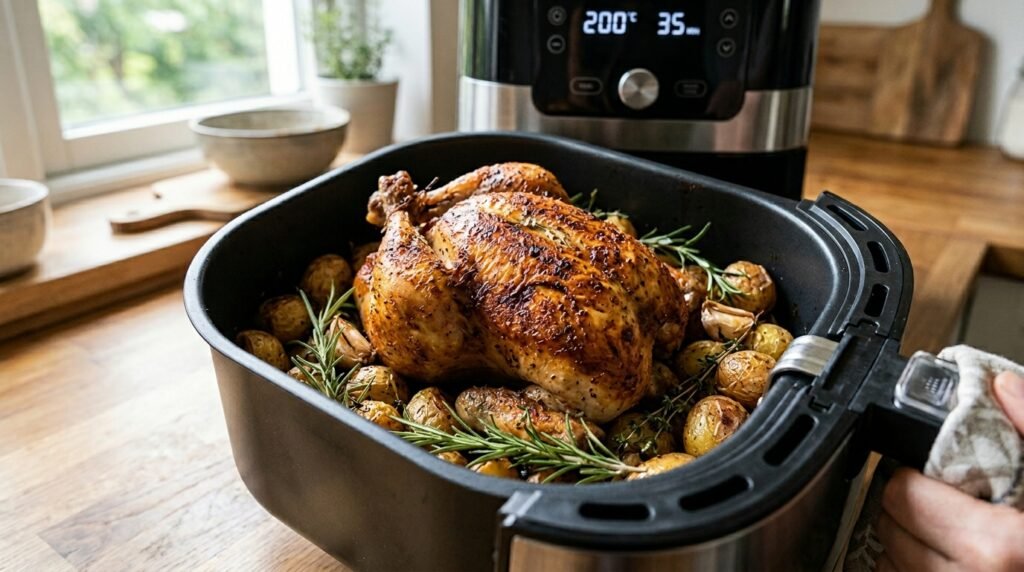 Frango assado dourado e suculento dentro do cesto da Air Fryer Mondial, provando ser um eletrodoméstico eficiente para refeições em família.