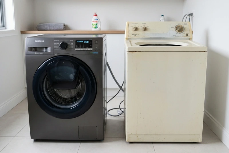 Comparação visual de design entre uma lavadora Electrolux 15kg moderna de cor escura (à esquerda) e um modelo de máquina de lavar mais antigo e simples de cor branca (à direita).