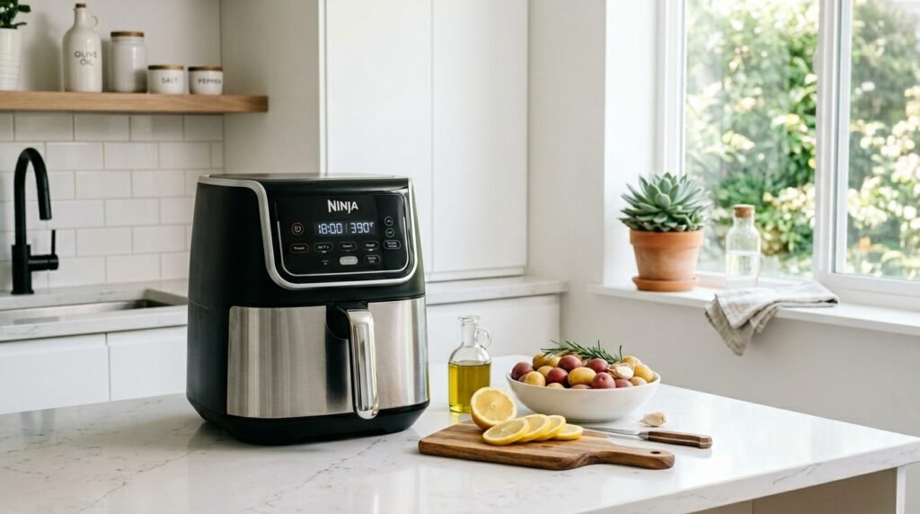 Design moderno da Air Fryer Mondial em uma cozinha organizada, destacando-se como um eletrodoméstico eficiente e elegante.