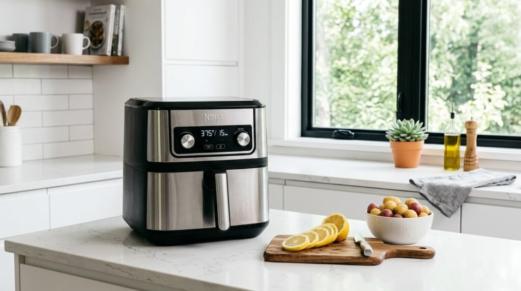 Vista frontal da Air Fryer Mondial 4L em uma bancada de cozinha, exemplificando um eletrodoméstico eficiente com acabamento em inox e preto.