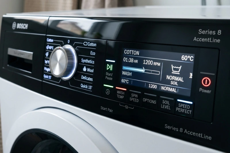 Close detalhado do painel de controle digital moderno de uma máquina de lavar Electrolux 15kg cinza, mostrando o display LCD aceso e botões de seleção de ciclo.