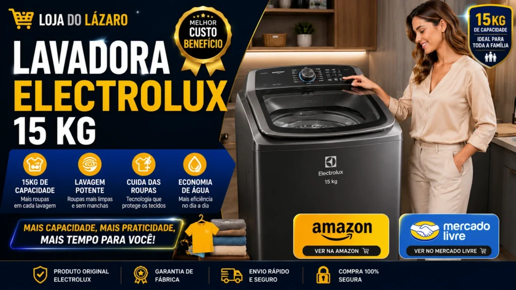 Lavadora Electrolux 15kg em lavanderia moderna com destaque para alta capacidade, economia de água e desempenho na lavagem.