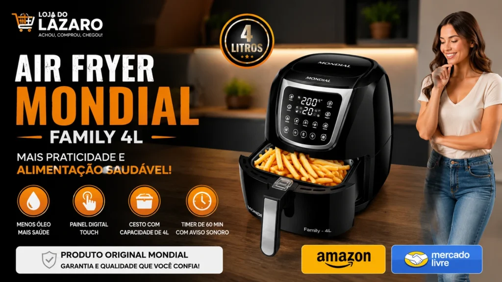 Eletrodoméstico eficiente Air Fryer Mondial 4L AFN-40-BI em cozinha moderna destacando economia de energia e preparo de refeições saudáveis.