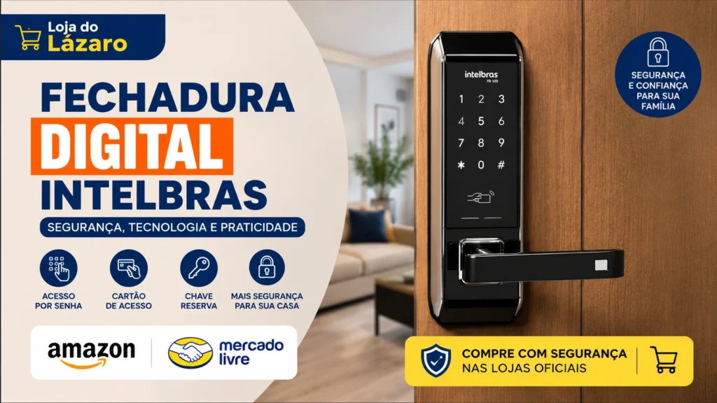 Fechadura Digital Intelbras instalada em porta de madeira, ideal para aumentar a segurança residencial com acesso por senha, cartão e chave reserva.