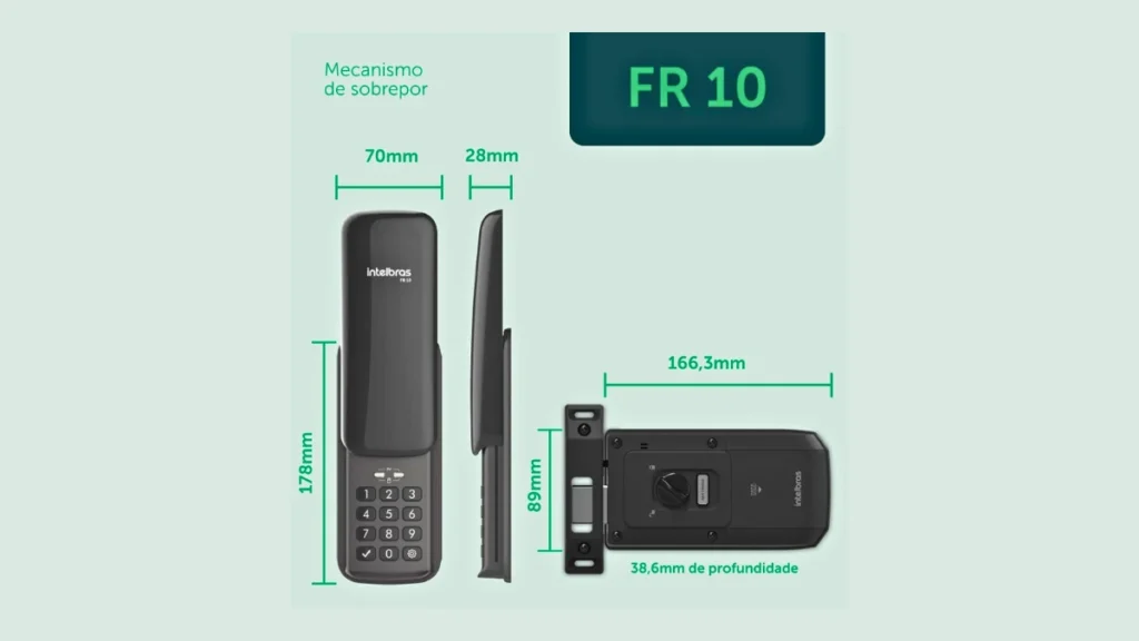 Fechadura eletrônica digital com teclado numérico e visor LED verde instalada em porta