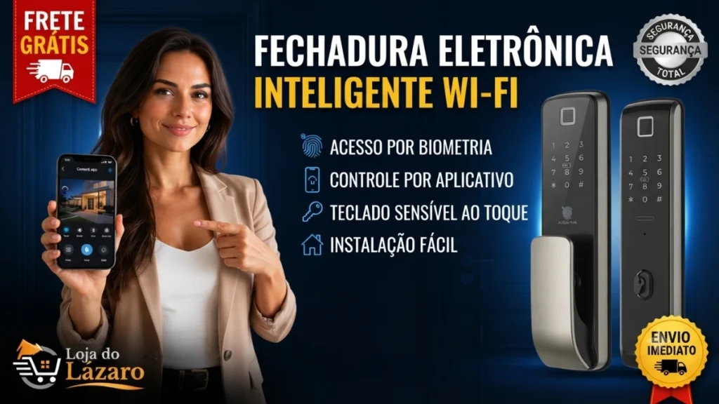 Fechadura eletrônica inteligente com conexão Wi-Fi, acesso por biometria e controle via aplicativo.