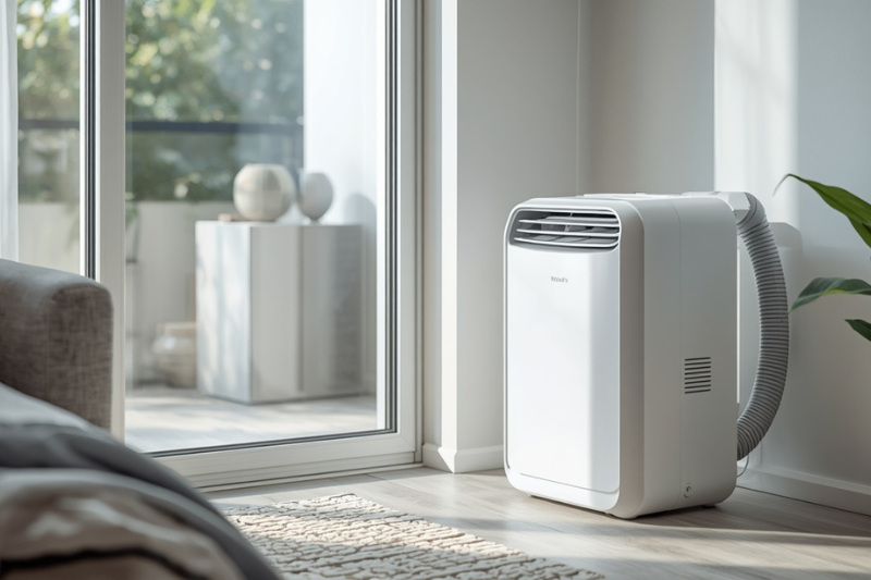 Ar-condicionado portátil instalado em ambiente residencial próximo à janela, sendo uma opção a considerar na escolha entre ar-condicionado portátil ou climatizador.