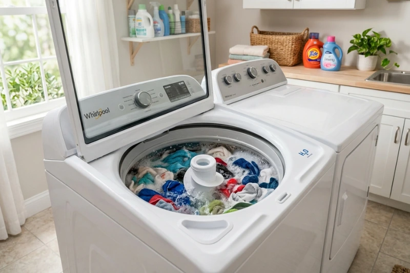 Visão interna do cesto espaçoso da lavadora Electrolux 15kg com roupas coloridas, destacando a alta capacidade para grandes volumes.