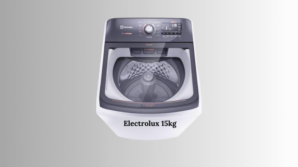 Lavadora de roupas Electrolux 15kg com tampa superior cinza sobre fundo branco