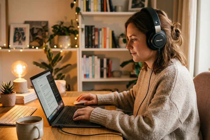 Mulher usando headphone Philips ao trabalhar no notebook - melhores aparelhos eletrônicos 2026