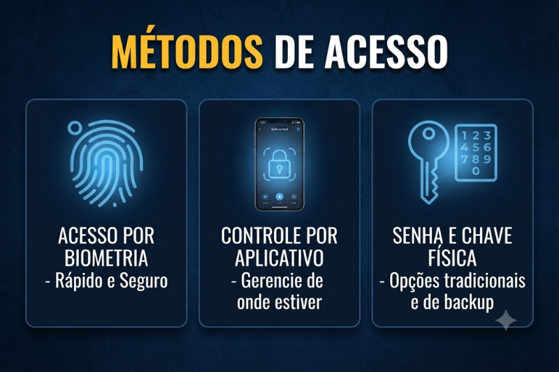 Fechadura eletrônica inteligente instalada em porta de madeira com acesso via aplicativo de celular, garantindo tecnologia e conforto para sua residência.