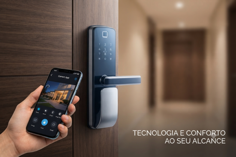 Fechadura eletrônica inteligente conectada ao Wi-Fi sendo controlada por aplicativo de celular, oferecendo segurança e modernidade para residências.