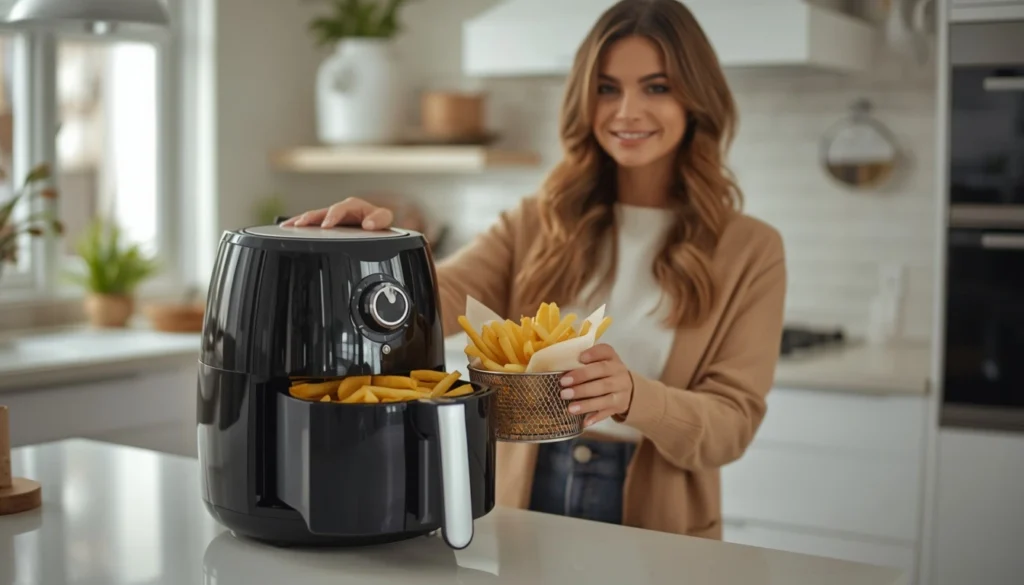 
Mulher usando uma Air Fryer moderna em uma cozinha planejada, mostrando um eletrodoméstico eficiente que facilita o preparo de refeições práticas e saudáveis.