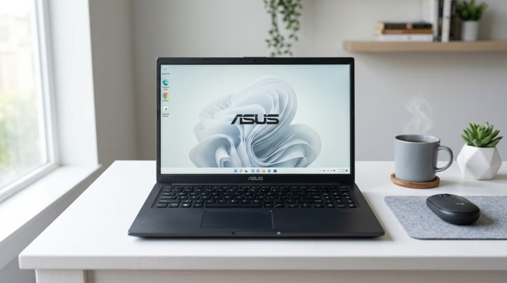 Notebook Asus Vivobook Go aberto em mesa de home office