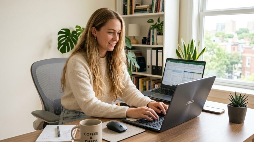 Notebook Asus Vivobook Go sendo usado por mulher em home office