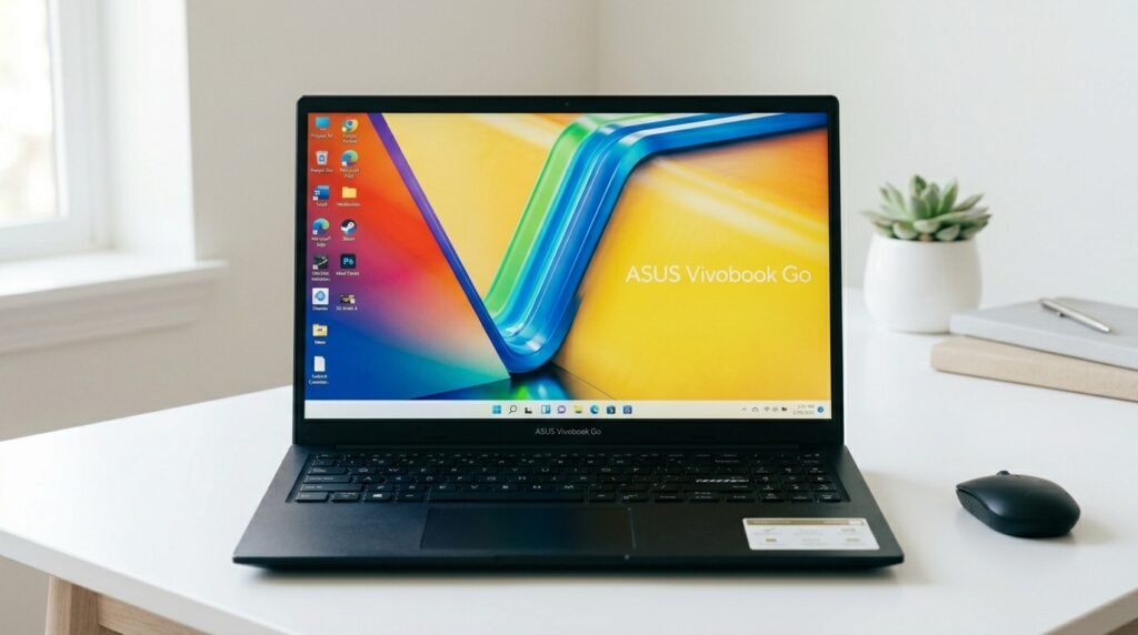 Notebook Asus Vivobook Go com tela aberta sobre mesa branca