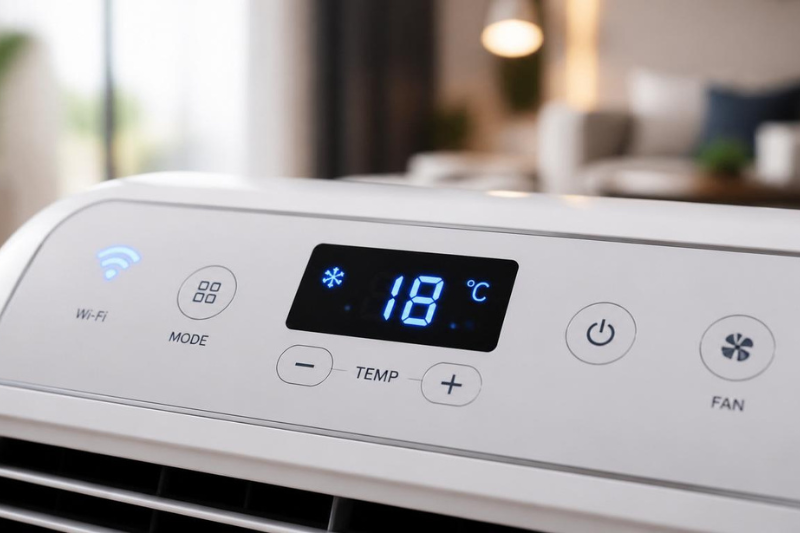 Painel de controle digital com Wi-Fi de um ar-condicionado portátil moderno, destacando a precisão técnica na comparação entre ar-condicionado portátil ou climatizador.