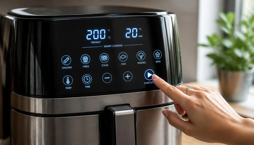 Painel digital de uma Air Fryer moderna sendo acionado por uma mão, representando um eletrodoméstico eficiente com tecnologia avançada e controle preciso de temperatura.