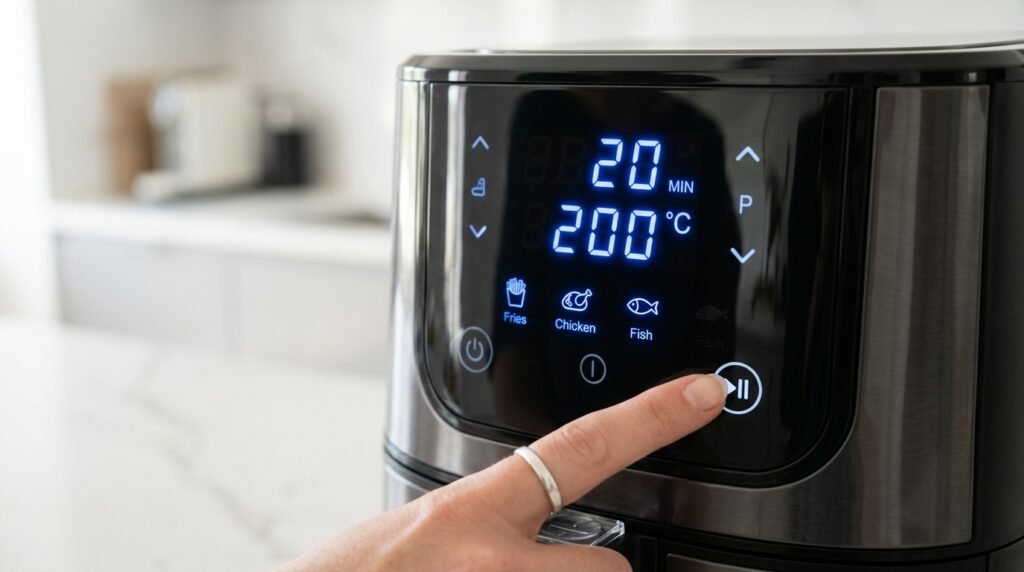 Close-up do painel digital touch da Air Fryer Mondial, destacando a facilidade de configurar este eletrodoméstico eficiente com precisão de tempo e temperatura.