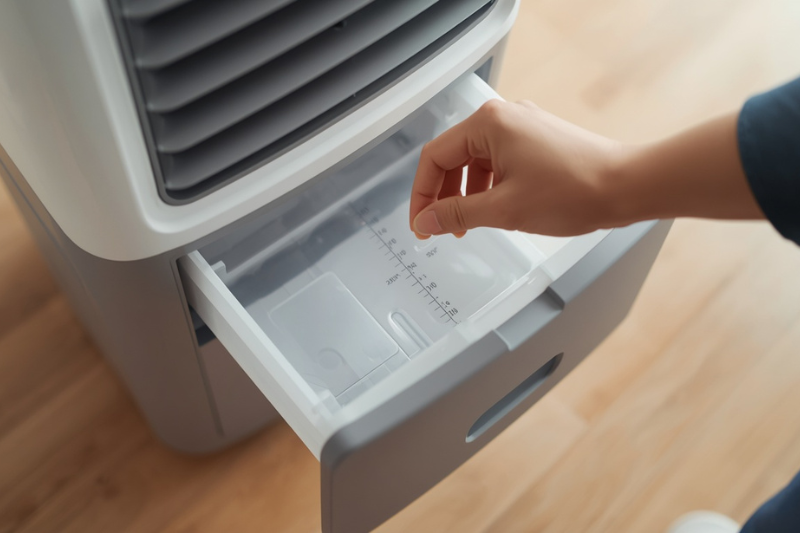 Detalhe do reservatório de água de 16 litros de um climatizador, demonstrando a facilidade de abastecimento no comparativo entre ar-condicionado portátil ou climatizador.