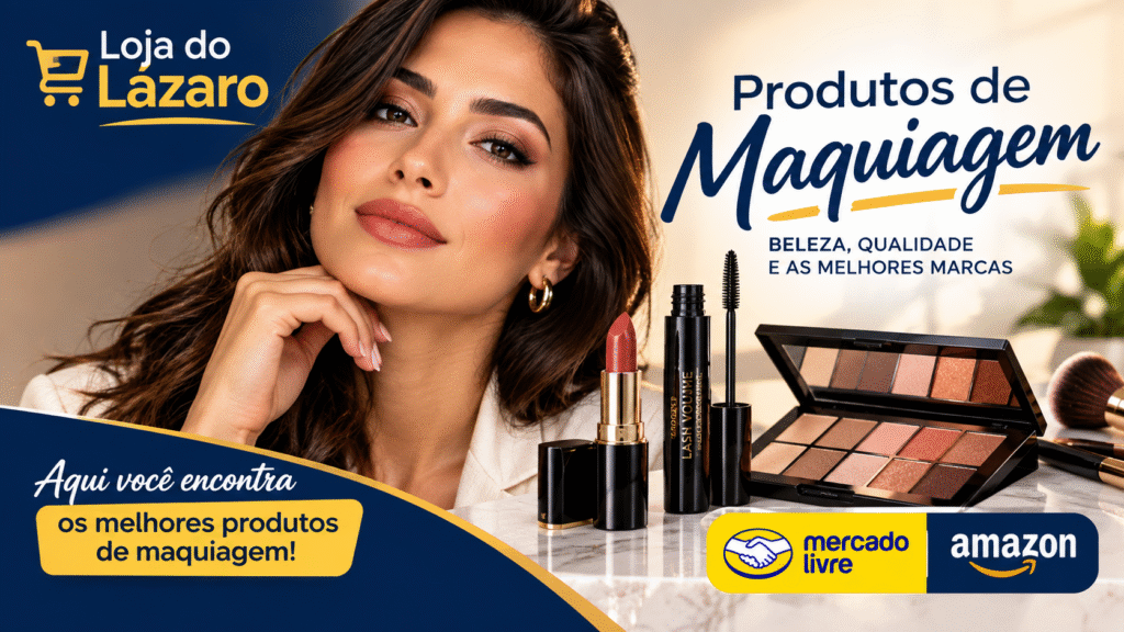 Banner da Loja do Lázaro com uma mulher maquiada e diversos produtos de maquiagem, como paleta de sombras, batom e máscara de cílios.
