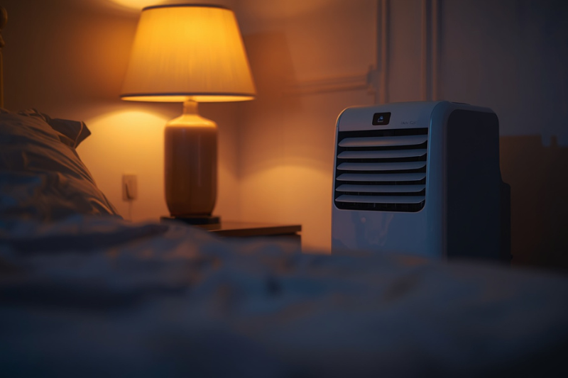 Climatizador de ar portátil em uso silencioso dentro de um quarto aconchegante à noite, destacando seu funcionamento no comparativo entre ar-condicionado portátil ou climatizador.