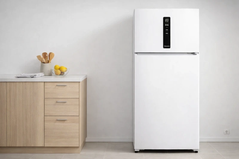 Geladeira Electrolux IF46S branca em cozinha minimalista com design moderno e painel digital.