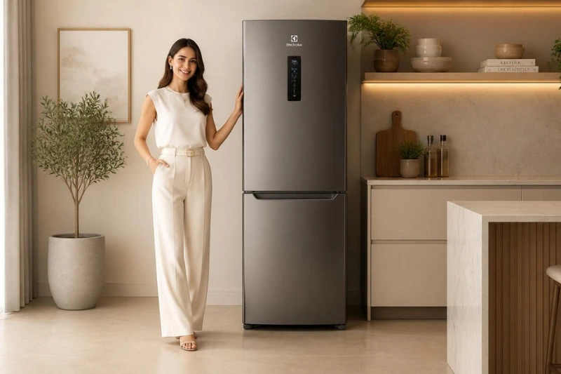 Geladeira Electrolux IF46S em cozinha moderna com design elegante e acabamento inox.