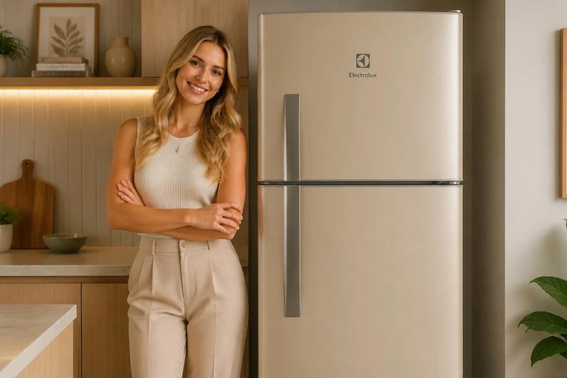 Geladeira Electrolux IF46S inox em cozinha moderna com pessoa ao lado, destacando design sofisticado e acabamento metálico.