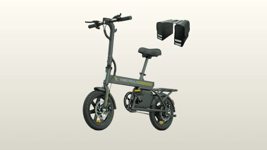 Imagem isolada de uma compacta e dobrável bicicleta elétrica em cinza escuro, exibida em um fundo claro.