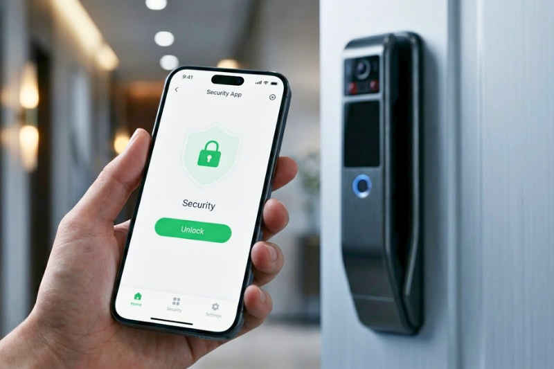 Close-up de uma mão segurando um smartphone com aplicativo de segurança exibindo um botão de desbloqueio verde, em frente a uma fechadura eletrônica inteligente preta com câmera instalada na porta.