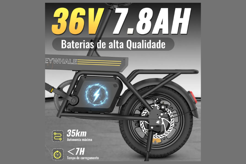 Detalhe de bateria 36V 7.8Ah instalada em uma bicicleta elétrica de alta qualidade.