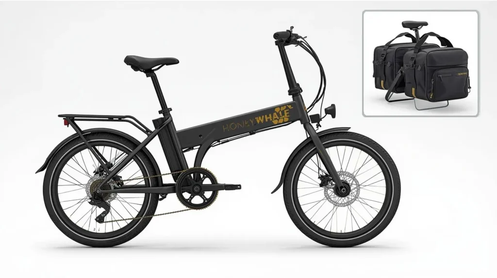Bicicleta elétrica dobrável com acessórios de transporte e alforjes laterais.